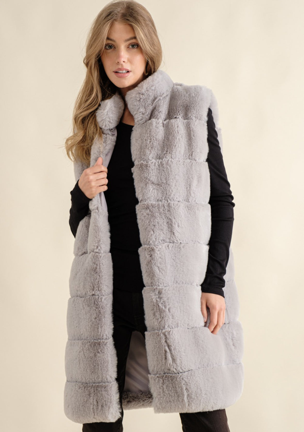 Grey Faux Fur Ribbed Vest