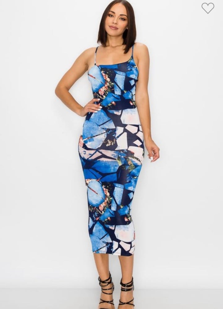 Spaghetti Strap Blue Marble Print Form Fitting Knee Length Dress