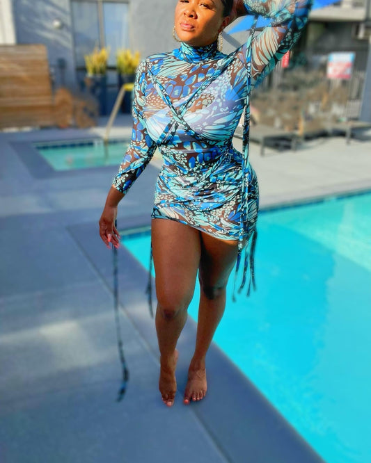 Vibrant Blue Mesh Ladies Swim Bathing Suit Cover-Up Mini Dress with Butterfly Print