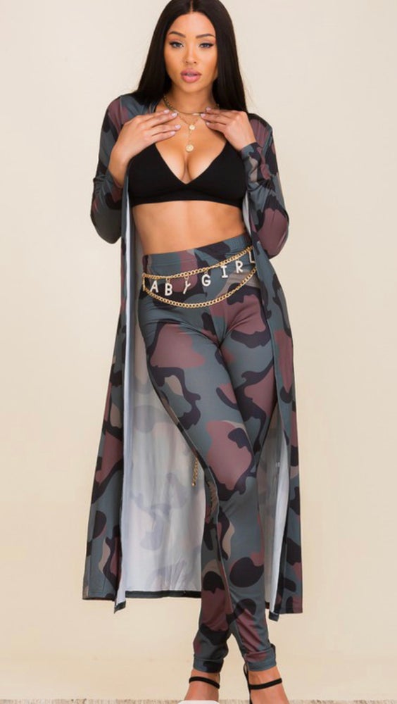 Green Miss Camo 2 piece set with long sweater and high waisted tights