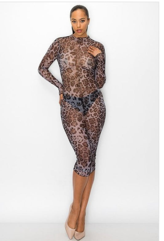 Leopard Mesh Long Sleeve "Slither" Dress