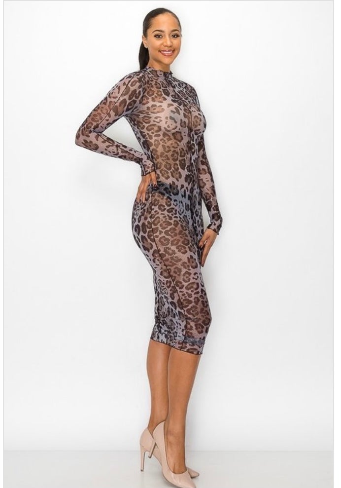 Leopard Mesh Long Sleeve "Slither" Dress