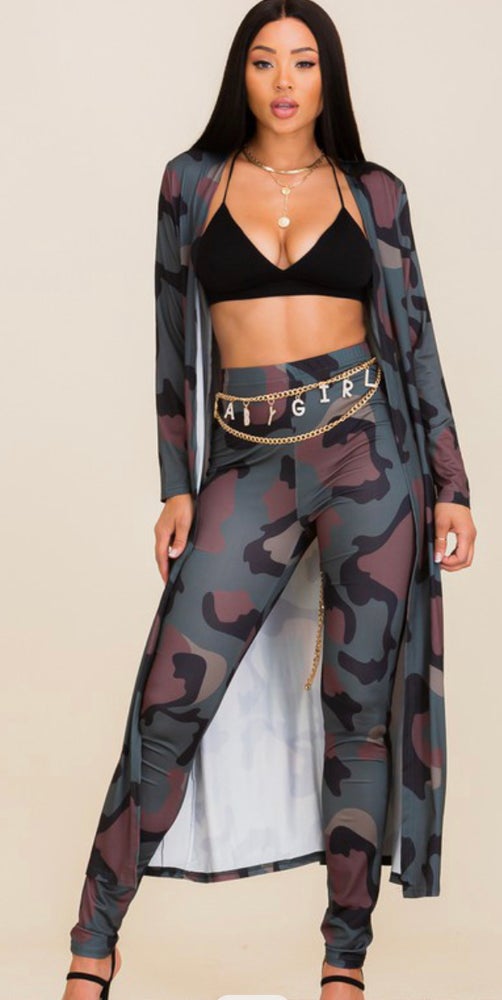 Green Miss Camo 2 piece set with long sweater and high waisted tights