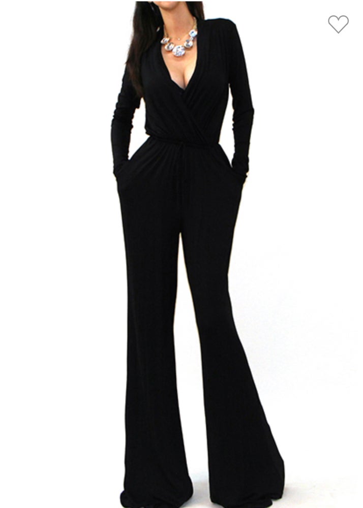 Long Sleeve Black ankle length "Lisa" Jumpsuit with deep V neck line