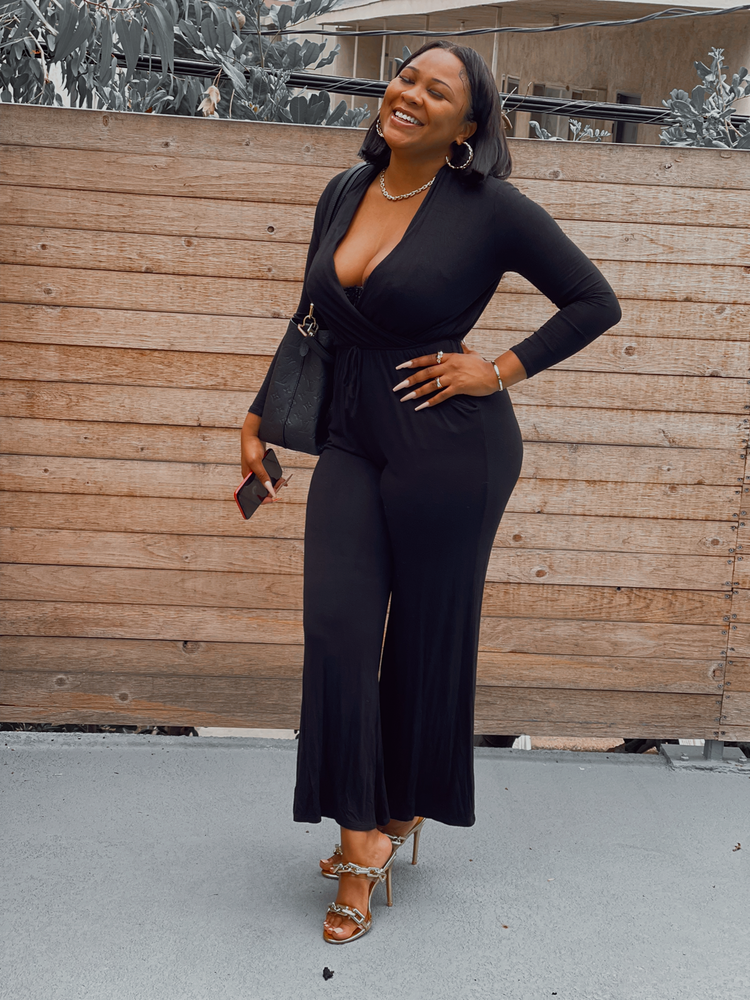 Long Sleeve Black ankle length "Lisa" Jumpsuit with deep V neck line